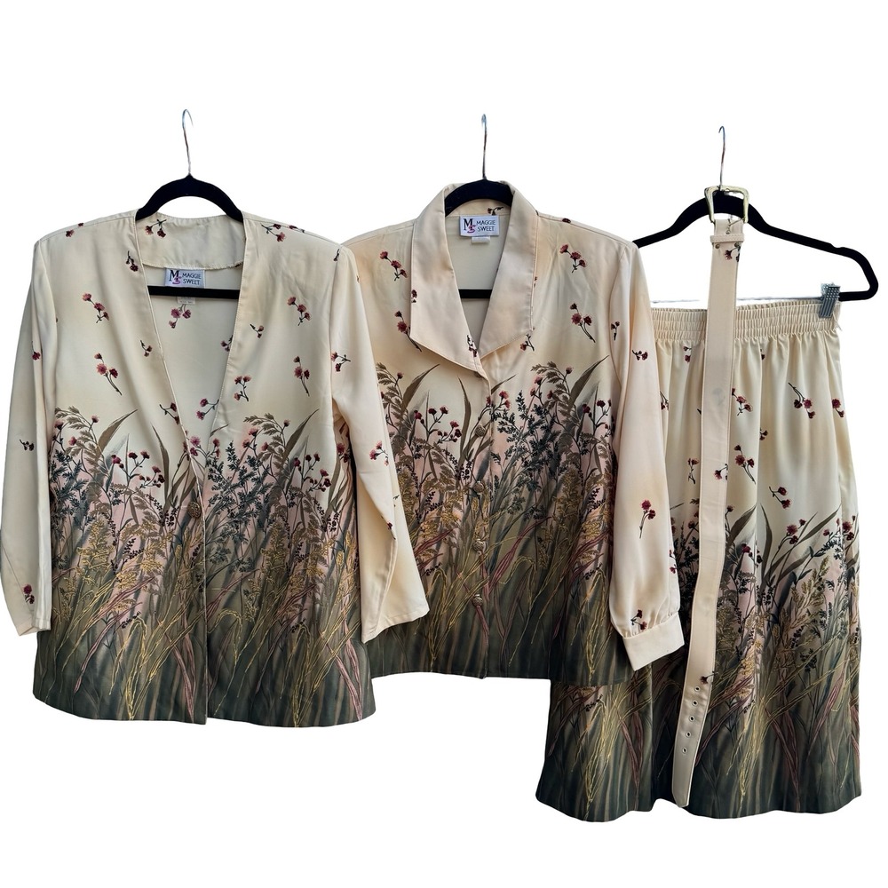 Maggie Sweet Cottagecore 90s Floral Windswept 3pc Skirt Blouse Cardigan Set S